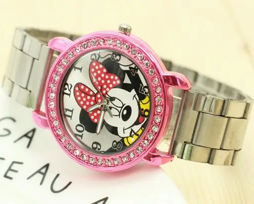 Минни часы Для мужчин Нержавеющая сталь Для женщин Часы мультфильм Мышь часы спортивные Кварцевые наручные часы - Цвет: Розовый