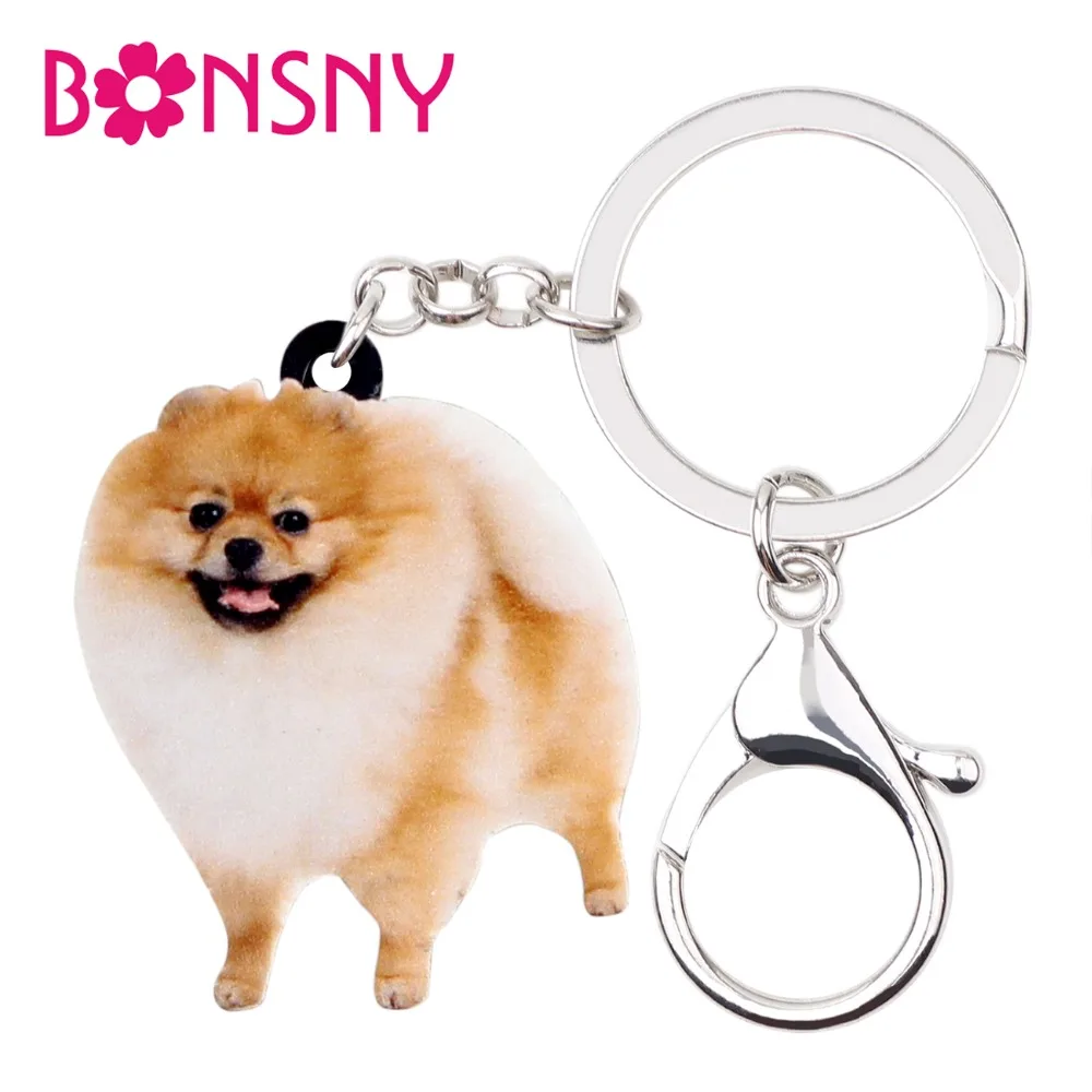 

Bonsny Statement Acrylic Happy Pomeranian Dog Key Chains Keychain Rings Fashion Jewelry For Women Girls Lady Handbag Charms Gift