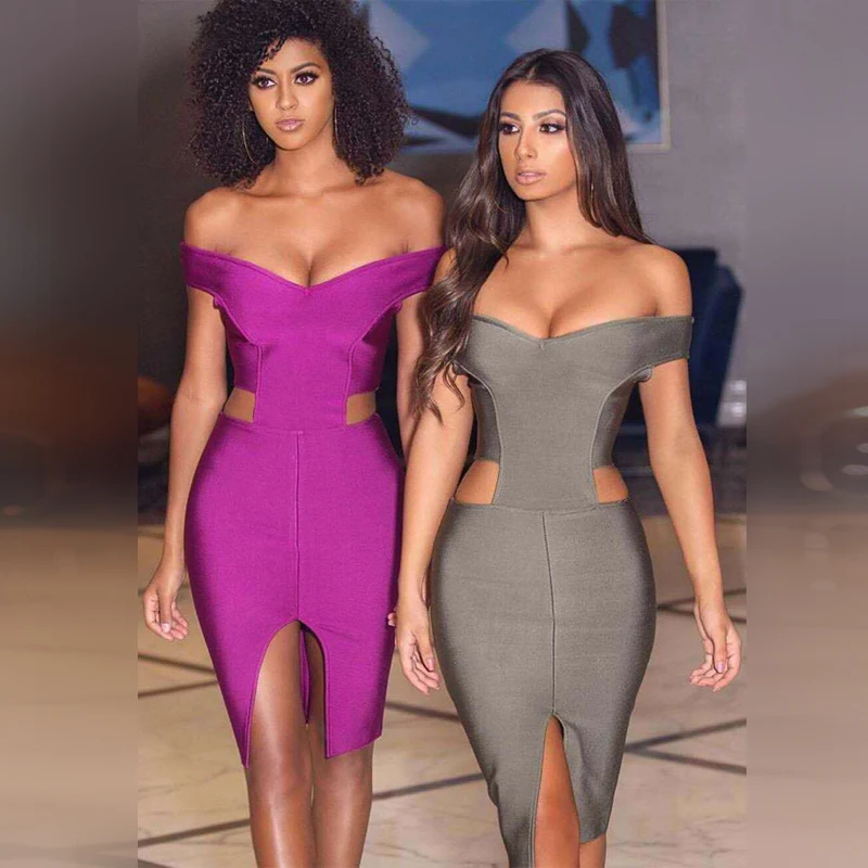 

New Off Shoulder Bandage Dress High Quality Hollow Out Midi Summer Bodycon Summer Wedding Evening Party Dress Vestidos Wholesale