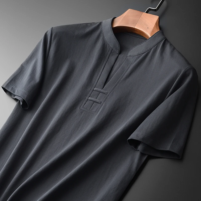 Мужская футболка с воротником-стойкой Minglu, роскошная тонкая ткань, мужские футболки с коротким рукавом, большие размеры 4xl, летняя повседневная мужская футболка
