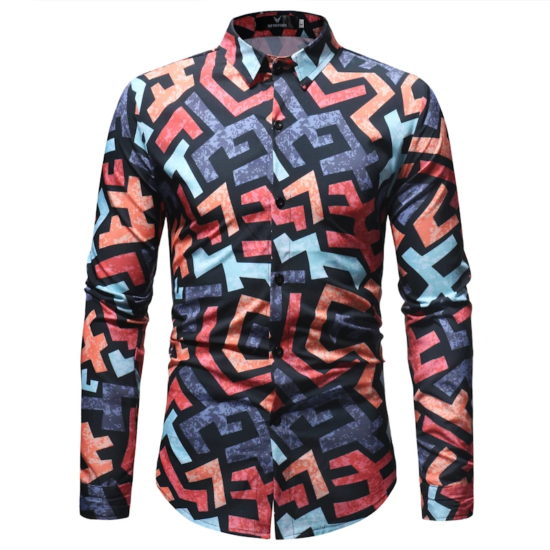 Stylish Abstract Geometric Print Shirt Male 2018 New Long Sleeve Slim ...