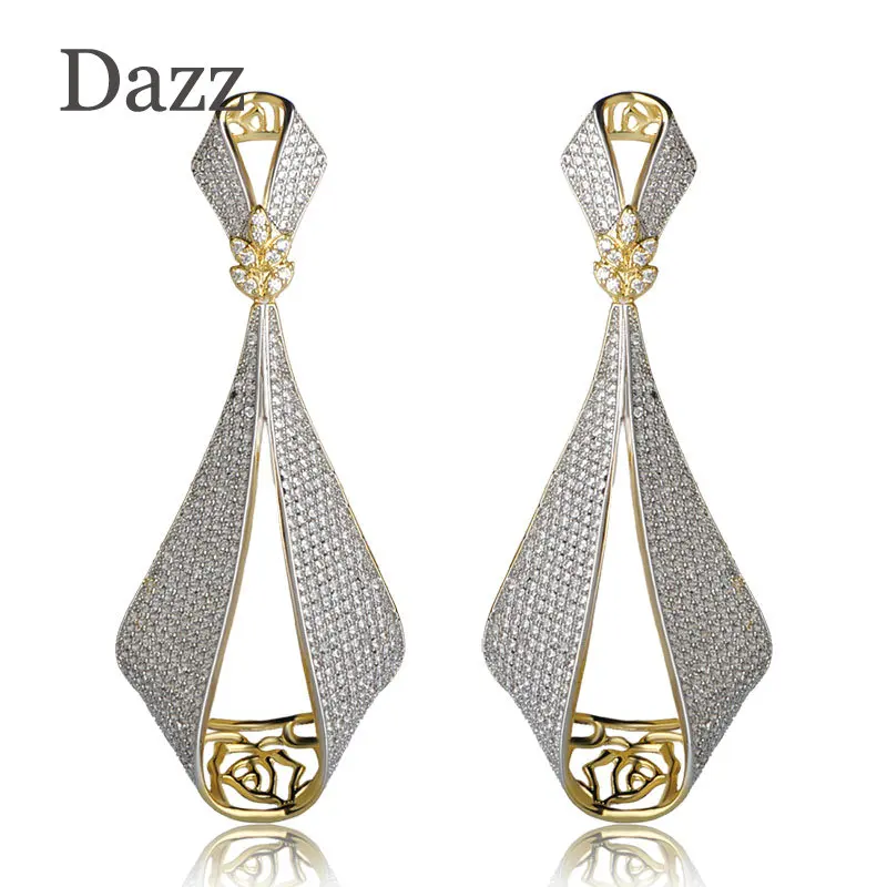 

Dazz Shining Large Pendant Earrings Two Tones Color Copper Jewelry Full Rhinestones Big Drop Earrings Women Girls Wedding Bijoux