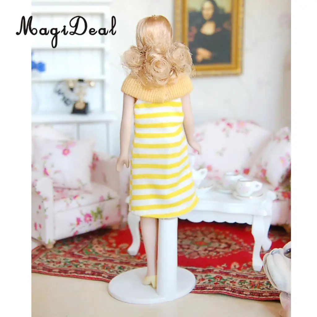 MagiDeal Beatifull Design Dollhouse Miniature Porcelain Doll Lady in Striped Dress for Bedroom Living Room Decor Children Toy
