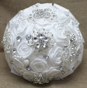 

Bridesmaid Rhinestone brooch Wedding Decoration flowers Rose Bridal bouquet White Satin Romantic Wedding bouquet Flowers Bride