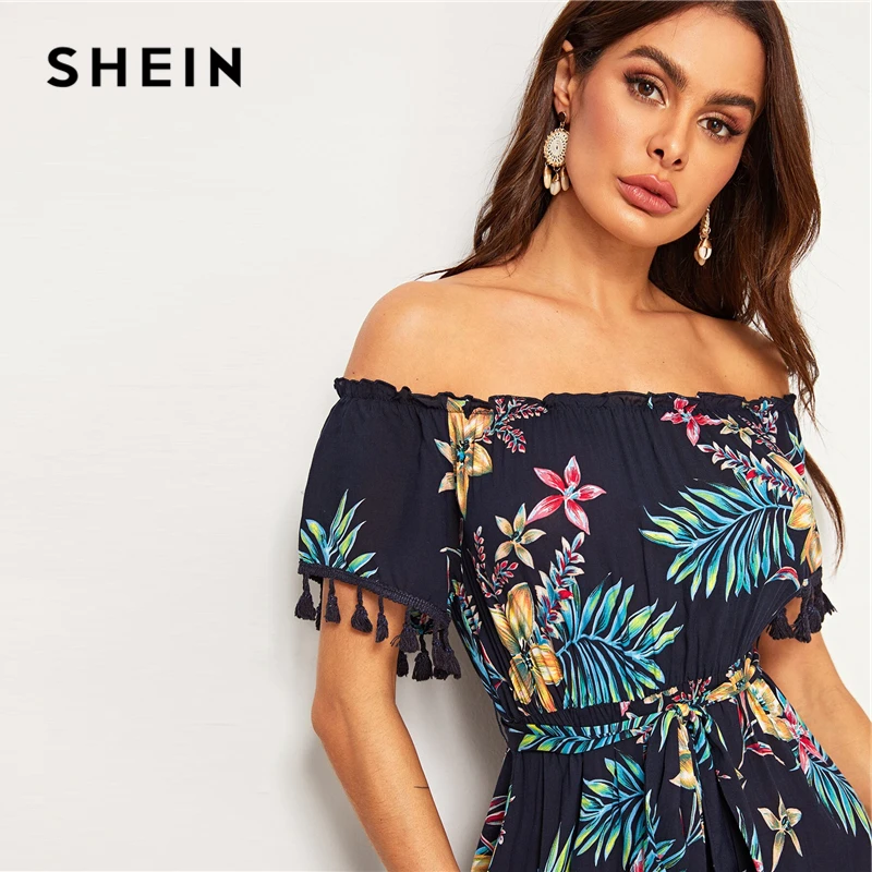 SHEIN темно-синее платье с тропическим принтом и кисточками, с разрезом, с поясом, с открытыми плечами, женское летнее платье с высокой талией, Boho, длинные платья