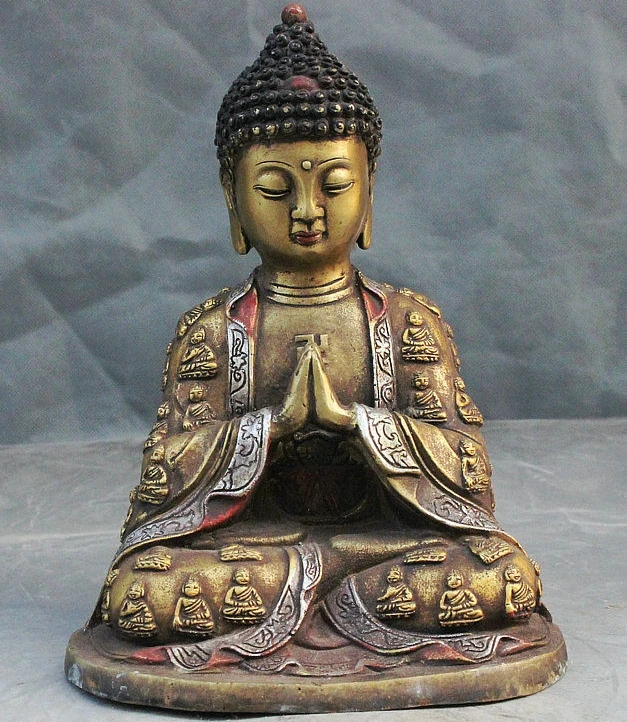 

9" Old Tibet Buddhism Paints Bronze Gilt Buddha Robe Sakyamuni Shakyamuni Statue