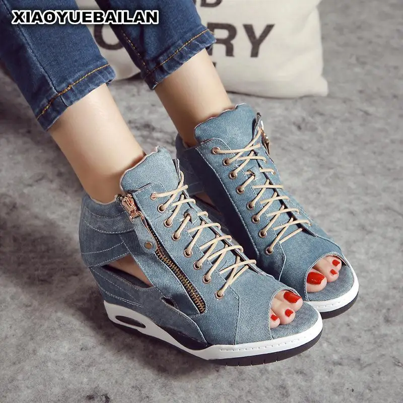 

2018 The New Denim Cloth Increased Side Zipper Wedge With Fish Mouth Tide Sandals Shoes
