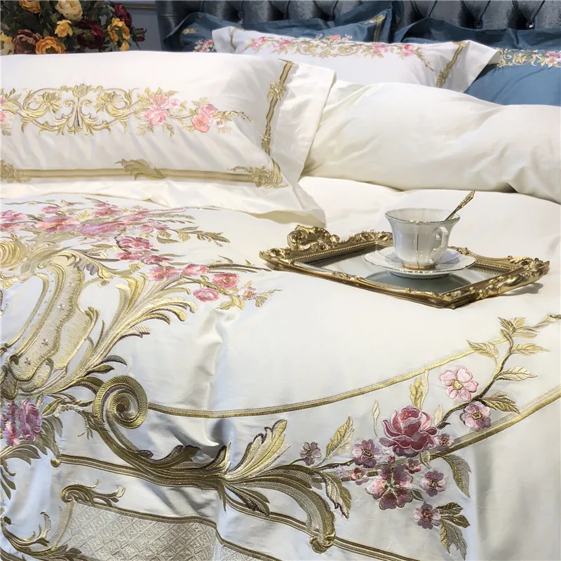 Best Champagne Blue White Luxury Royal Embroidery 100S Egyptian Cotton Palace Bedding Set Duvet Cover Bed sheet/Linen Pillowcases 63