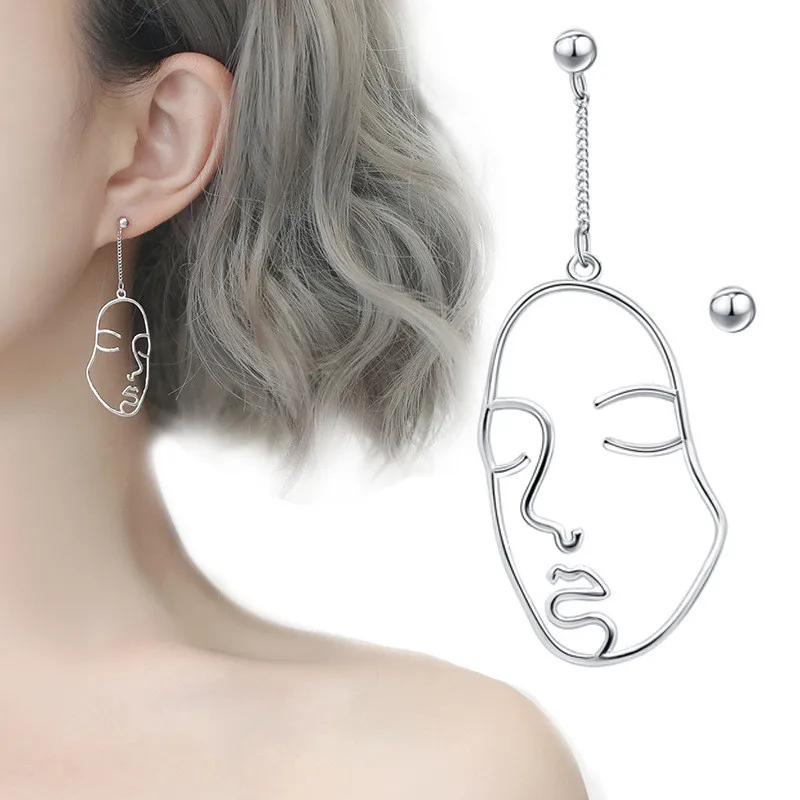 

925 Sterling Silver Asymmetry Face Drop Earrings for Women Gift Party Jewelry Accessories pendientes boucle d oreille eh211