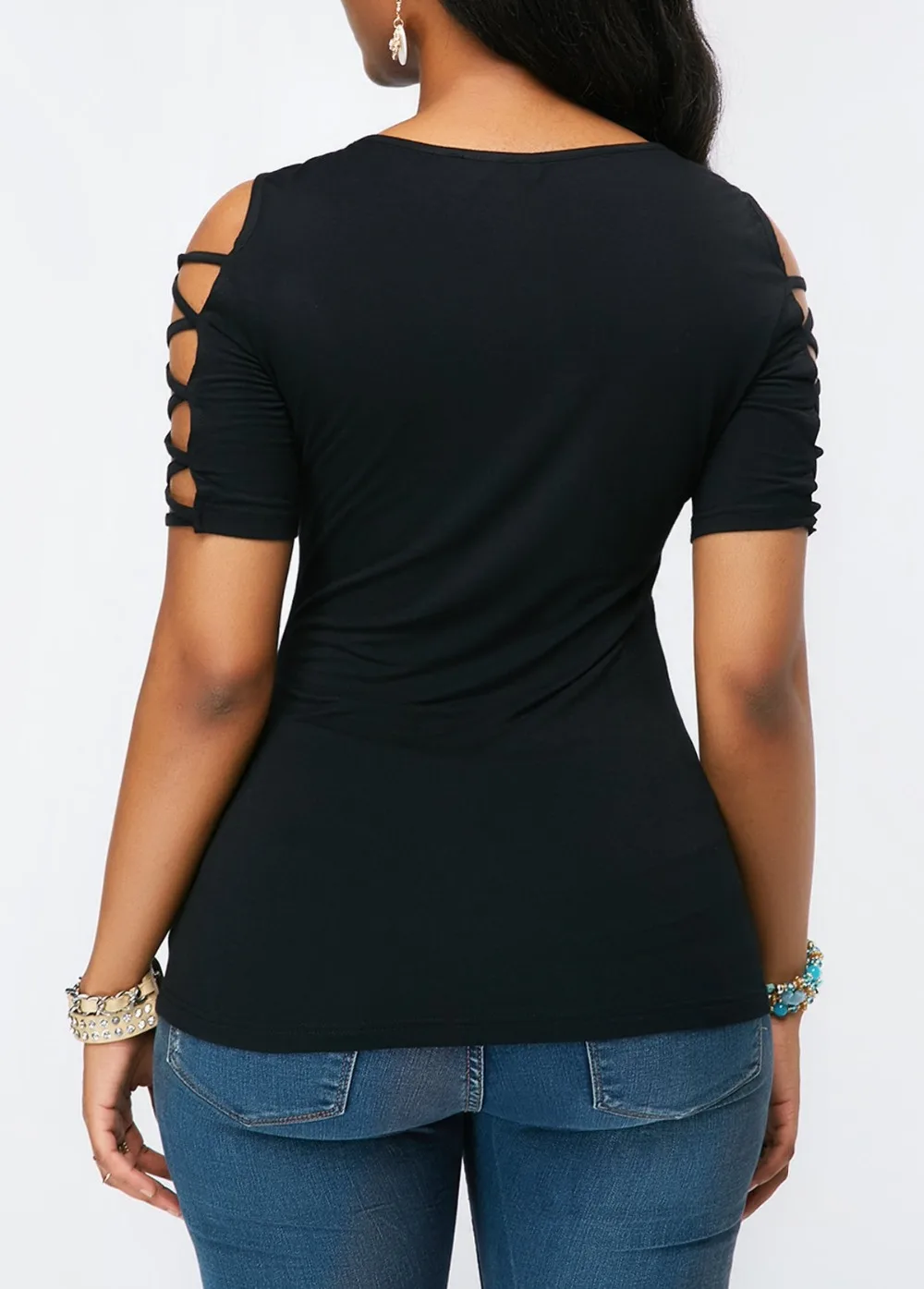 Fashion Wild Temperament Slim Sexy Lace Stitching Hollow Short-Sleeved Shirt 2019 (9)