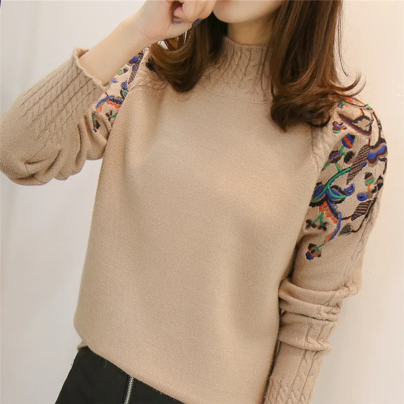 Корейский женский свитер, пуловер, хлопок, Осень-зима, вышивка, свободный, однотонный, длинный рукав, джемпер, Повседневный, пуловер, свитер для женщин