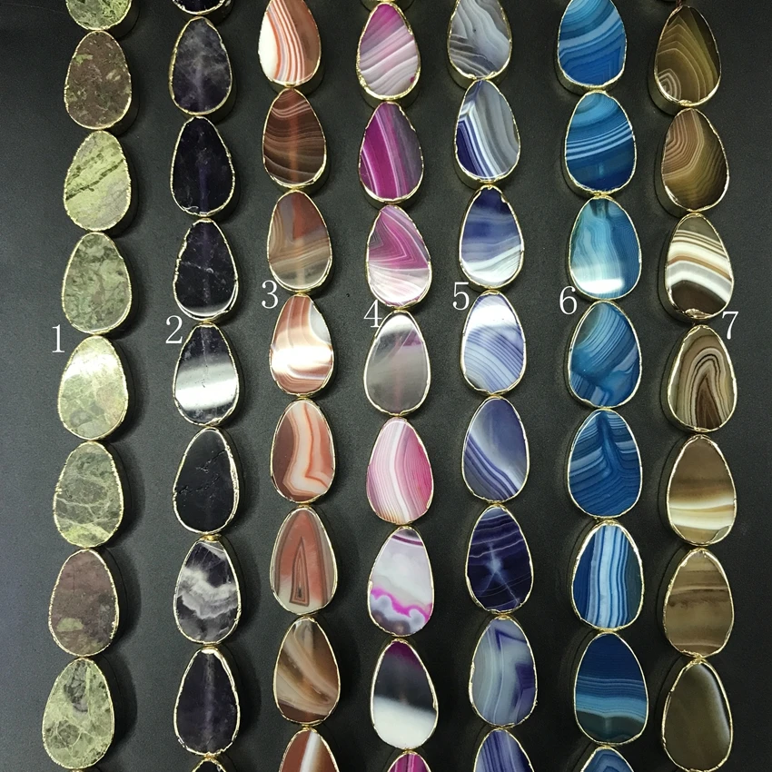 7 Stone Choice 11pcs/strand Natural Gems Gold Edged Drop Slab Slice Pendants Unakite Amethysts Agates Nugget Beads Jewelry | Украшения и