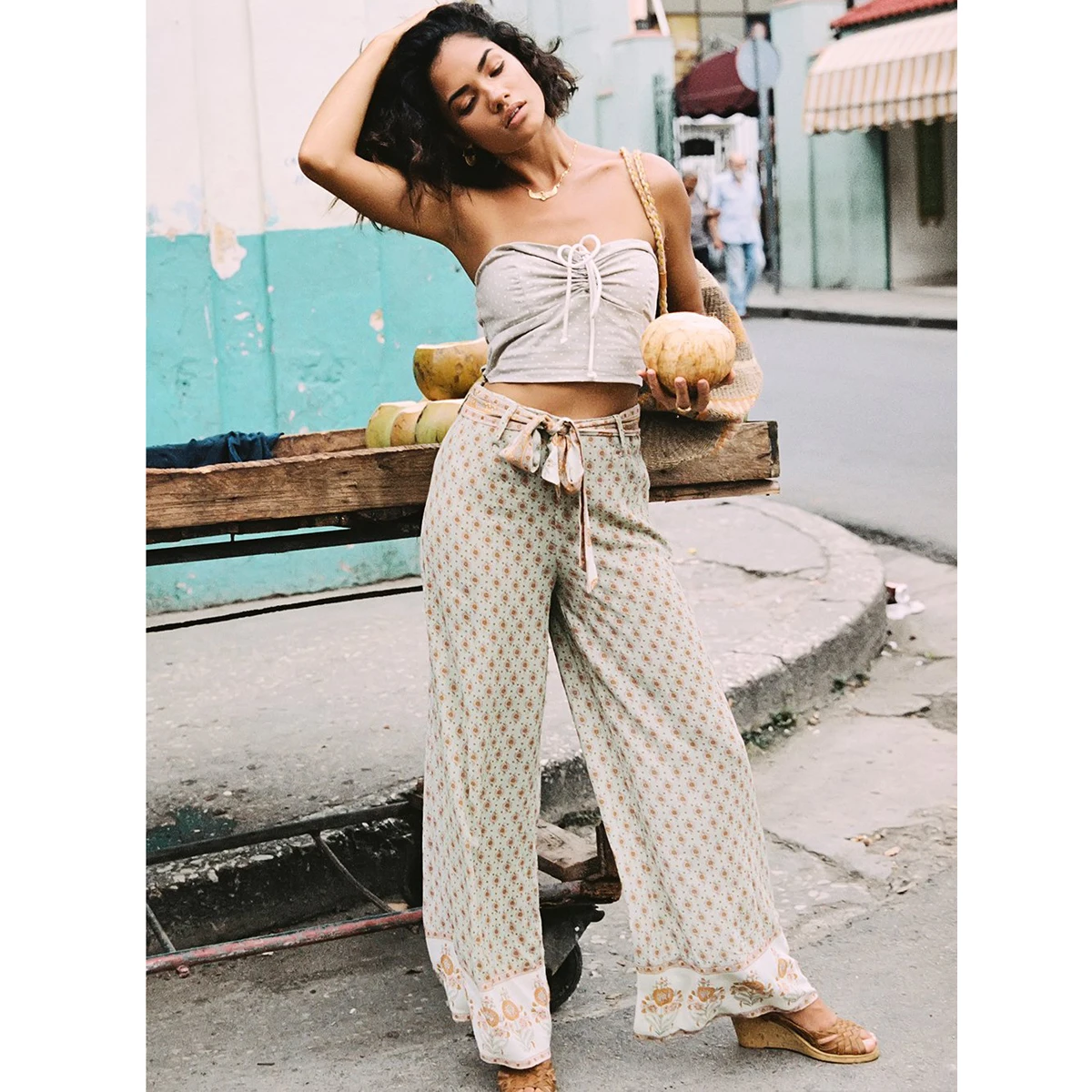 

Jastie Loose Casual Wide Leg Pants High Waist with Belt Hippie chic Boho Pants Floral Print Beach Long Trousers Women Clothing