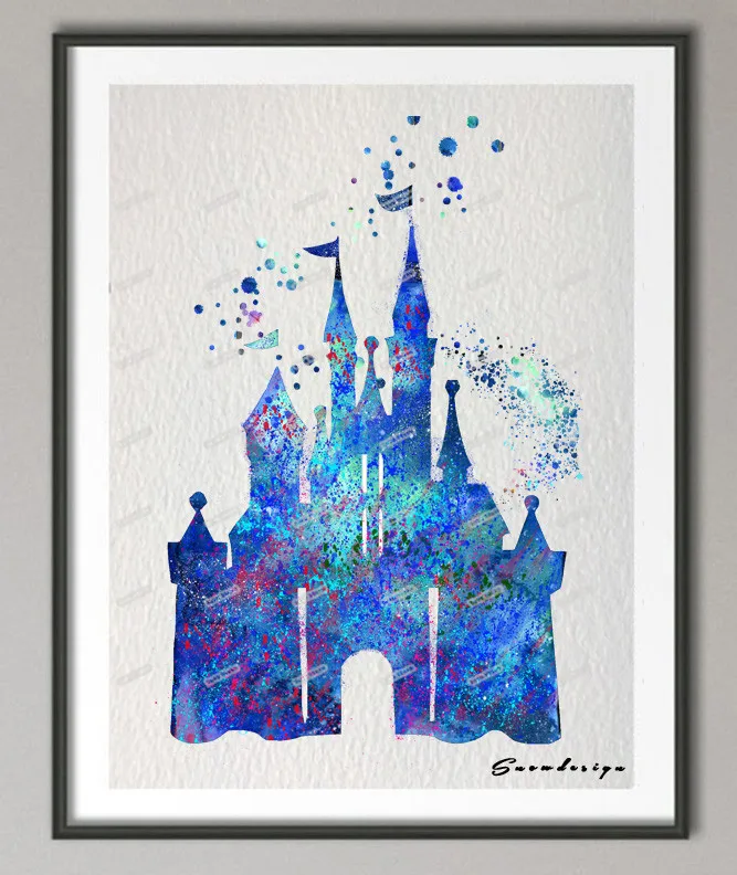 DIY Original watercolor Princess Cinderella Blue Castle canvas painting