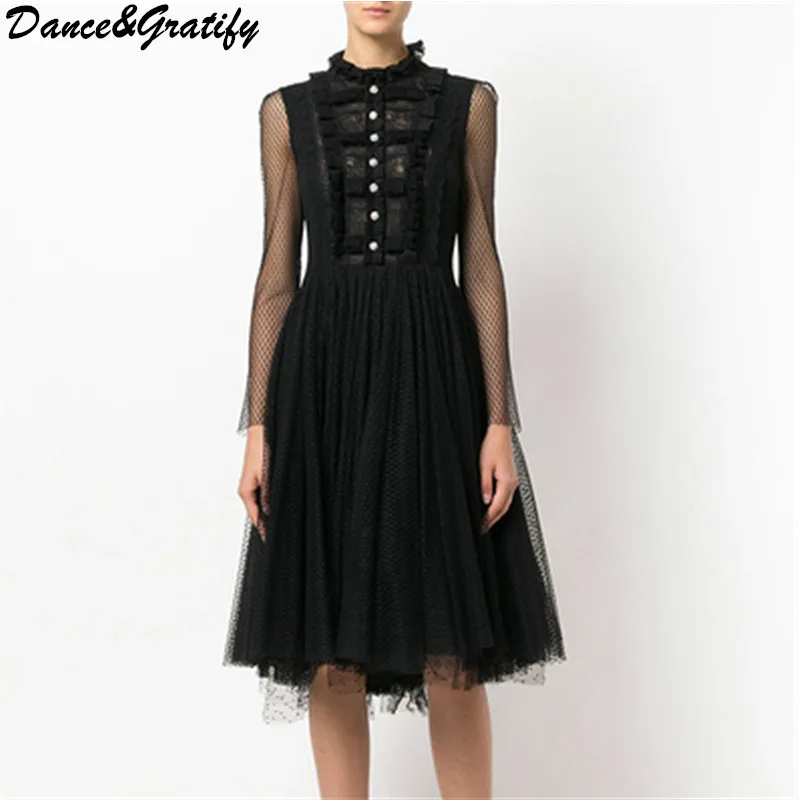 

Ruffled Collar Princess Party Dress 2018 new spring and summer vacation chic fashion lady lace mesh brand runway dress