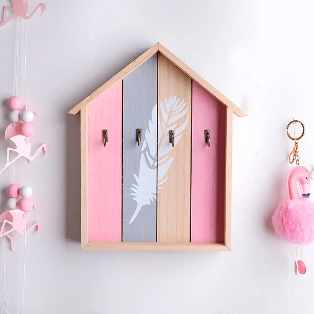 Wooden Wall Mounted Key Holder Box Home Decoration Cottage Design Creative Wall Hanging Key Rack Pink