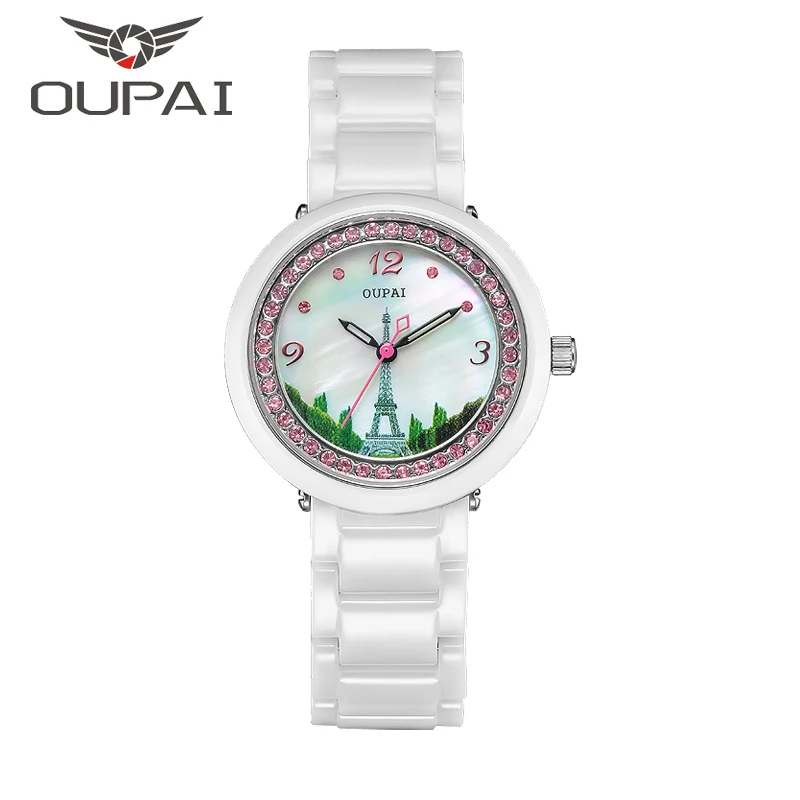 OUPAI керамика s женские часы Эйфелева башня в виде ракушки уход за кожей лица дизайн мода diamond леди часы кварцевые керамические часы браслет