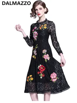 

Women's Costumes Clothes High Quality Lace Embroidery Long Dresses 2019 Spring Dress for Women Black Long Sleeve Party Dress