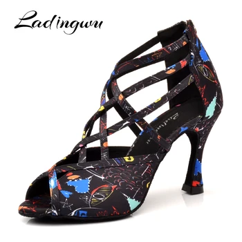 

Ladingwu Salsa Dance Shoes Woman Girls Roman boots Latin Dance Shoes Soft Bottom New Modern Floral Satin Ballroom Dance Shoes