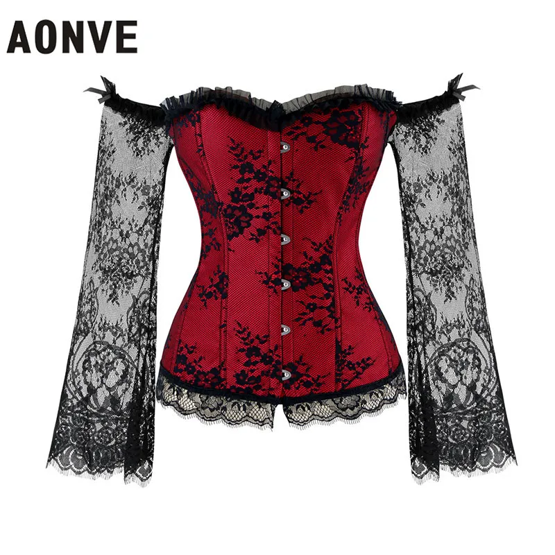 

AONVE Women Steampunk Corsets Sexy Lace Long Sleeve Corselet Lace Up Off Shoulder Bustiers Gothic Gorset Tops Waist Trainer
