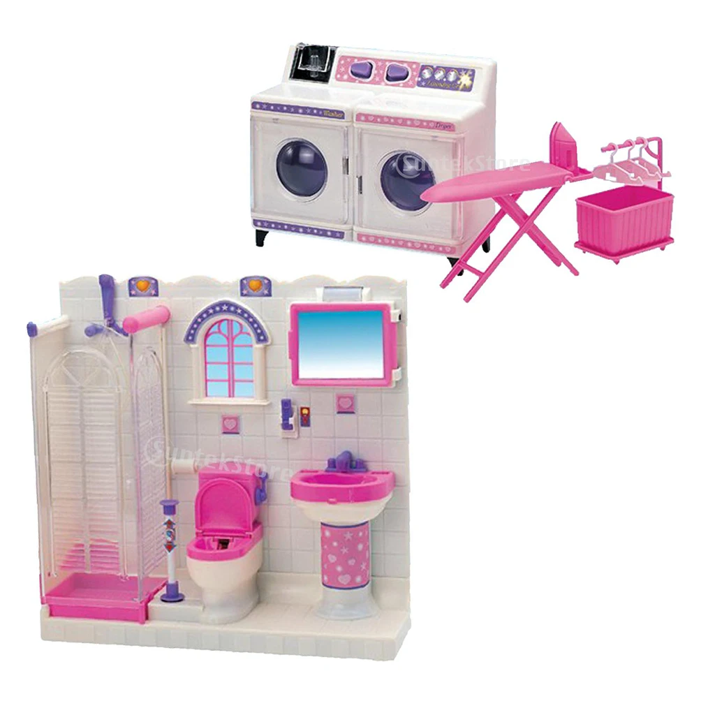 Plastic Bathroom Furniture Toilet Set and Washing Machine for   Doll House Kits