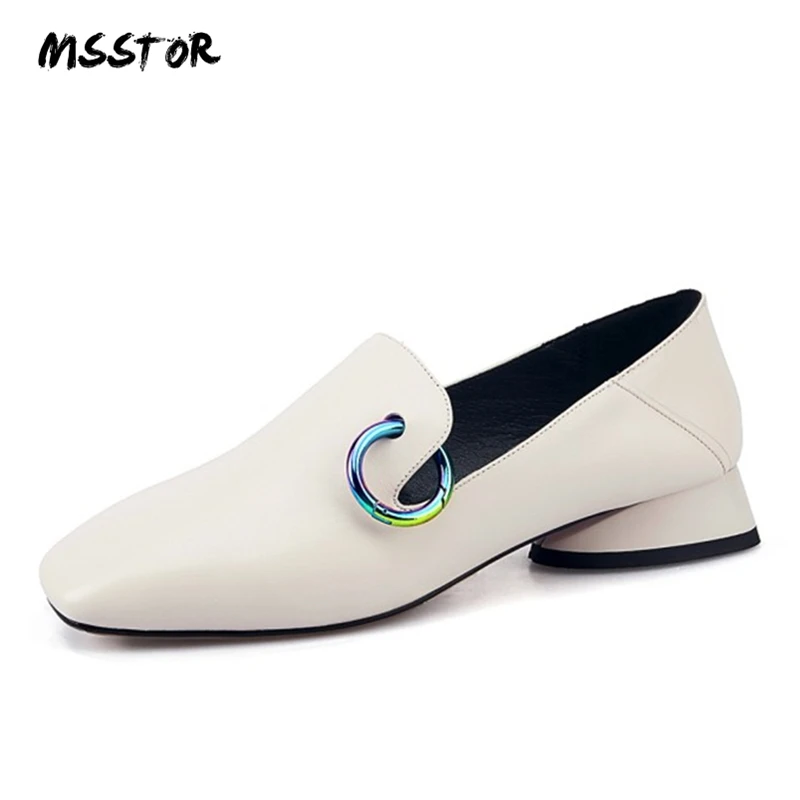 

MSSTOR Square Toe Autumn Spring High Heels Slip-on Basic Concise Office Genuine Leather Shoes Woman Metal Decoration Ladies Shoe