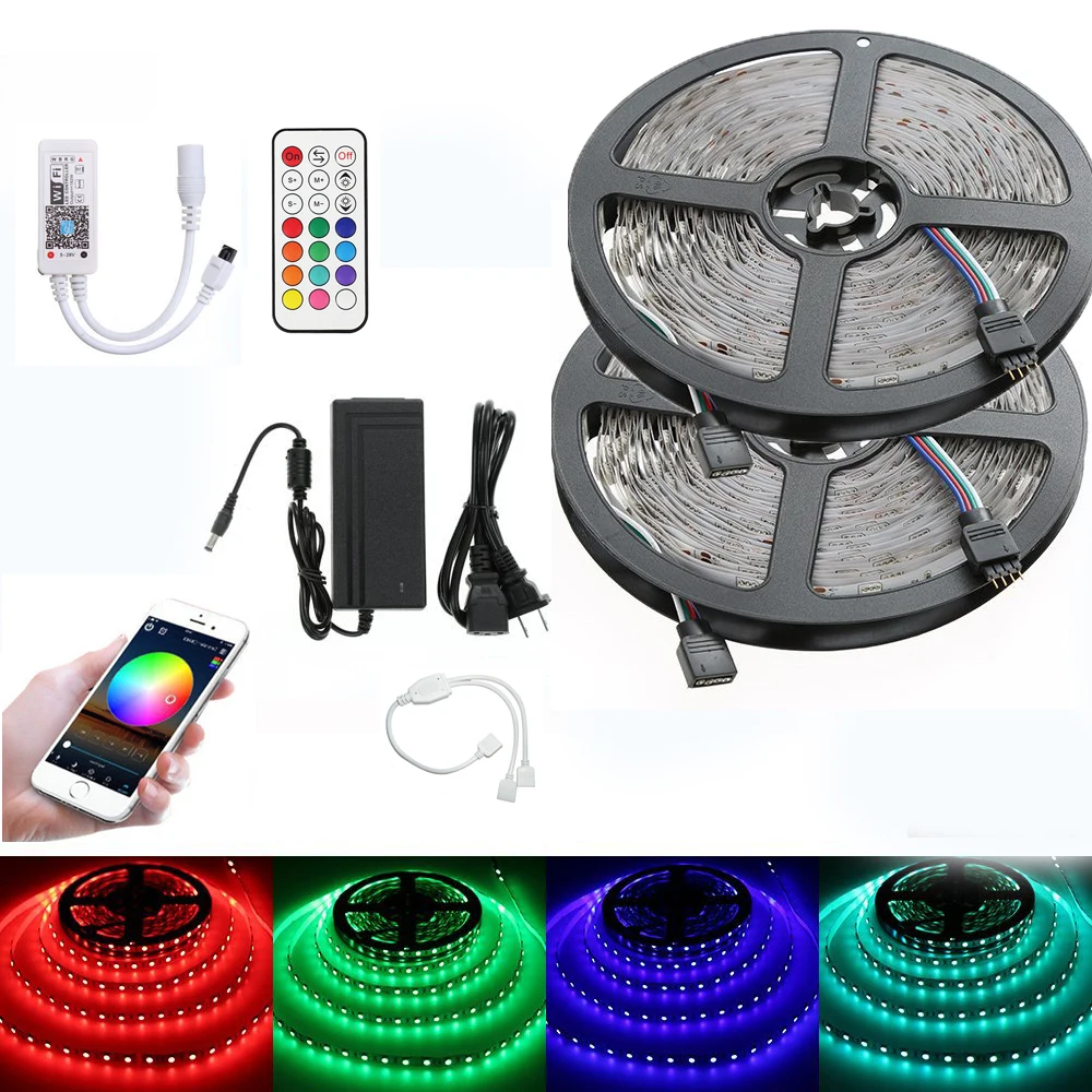 

5m 10m RGB LED Strip light 5050 2835 SMD WiFi Controller Set Alexa Google Home 21Key RF Remote christmas string Power Adapter