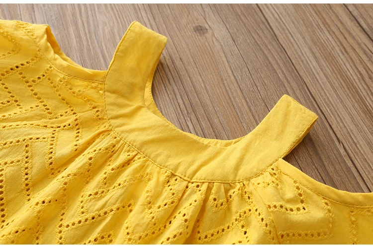2018 Summer 2-10 Years Children Cotton Solid Color Off Shoulder Strapless Hollow Out Wave Little Sexy Kids Girl Dress Blouse (14)
