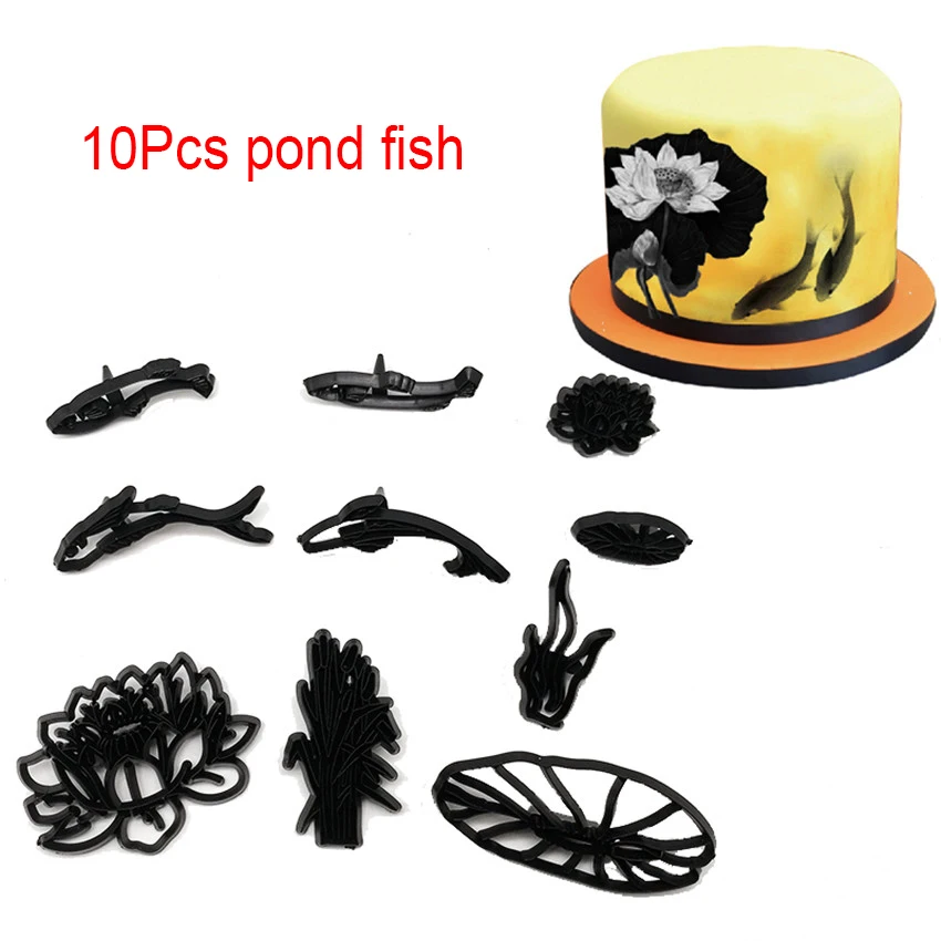 Набор пресс-форм для украшения торта, пластиковые формочки для печенья, инструменты для выпечки, свадебные музыкальные Семейные животные, воздушные шары - Цвет: 10pcs pond fish