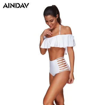 

Brand Solid Halter Swimwear Bandeau Style High Waist Bikini Set Falbala Bathing Suits Swimsuit Women Push Up Biquini Plus Size