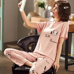 Женские пижамные комплекты 2019 новые весенние хлопковые розовые пижамы полная длина брюки дышащие мультяшная Милая Панда Пижамы женские