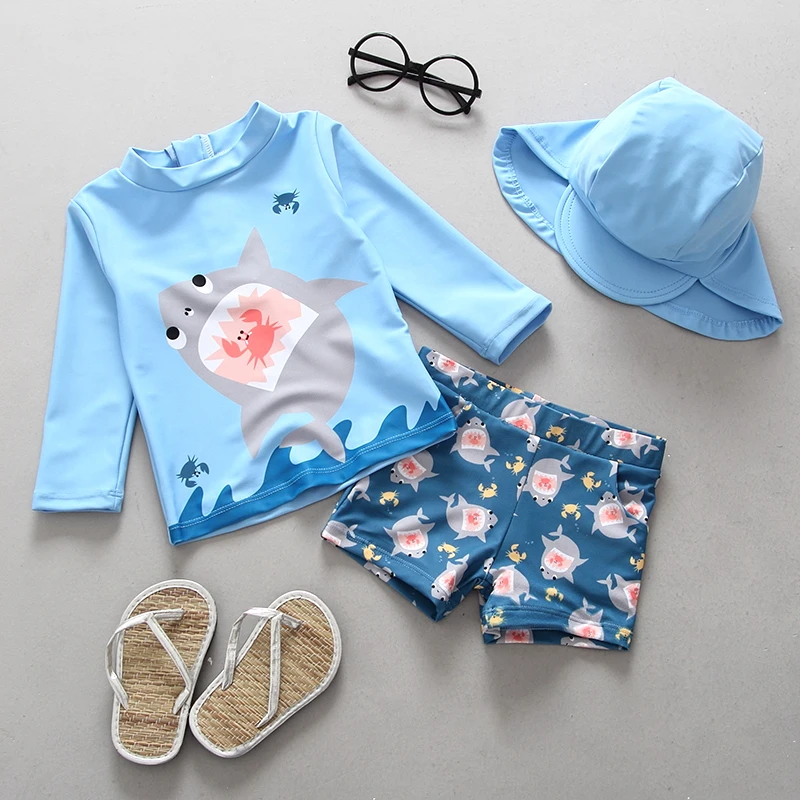 Menino de Duas Fatos de Banho Maiô para Crianças Fatos de Banho para Uma Upf50 + Roupa de Banho Crianças Peças Separados Tubarão Azul Rash Guards para Uma Criança 2 Mamãe e Bebê