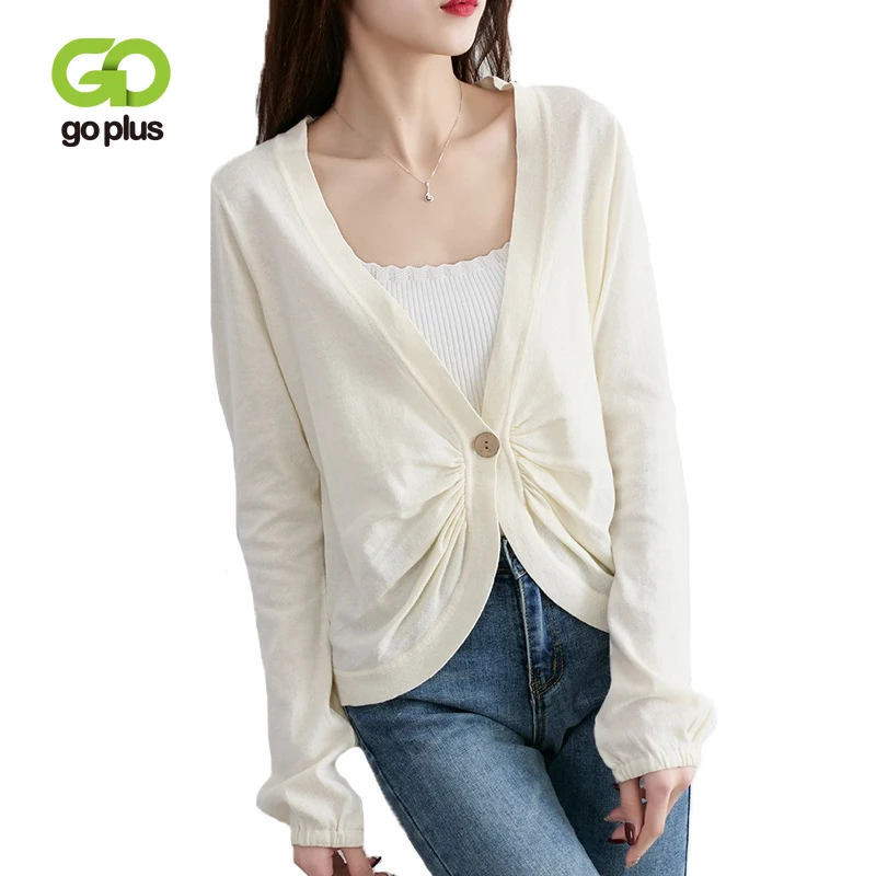 

GOPLUS Knitted Cardigans Womens Casual Summer Spring White Long Sleeve V-Neck Single Button Thin Sweater Coat Womens 2019 C8069