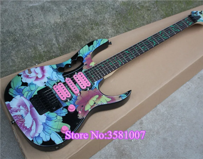 

6-String Electric Guitar,Flower Pattern on Body.Open Pickups.Black Hardware with Floyd Rose,Maple Neck and can be Customized
