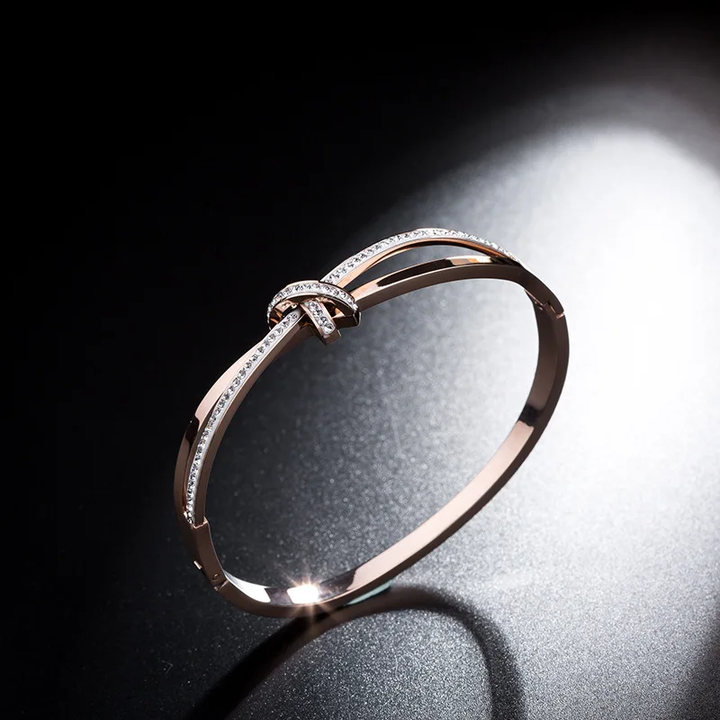 Титановая сталь Модный Полный CZ Кристалл бант манжеты браслет розовое золото свадебный ювелирный браслет Женская повязка B18111