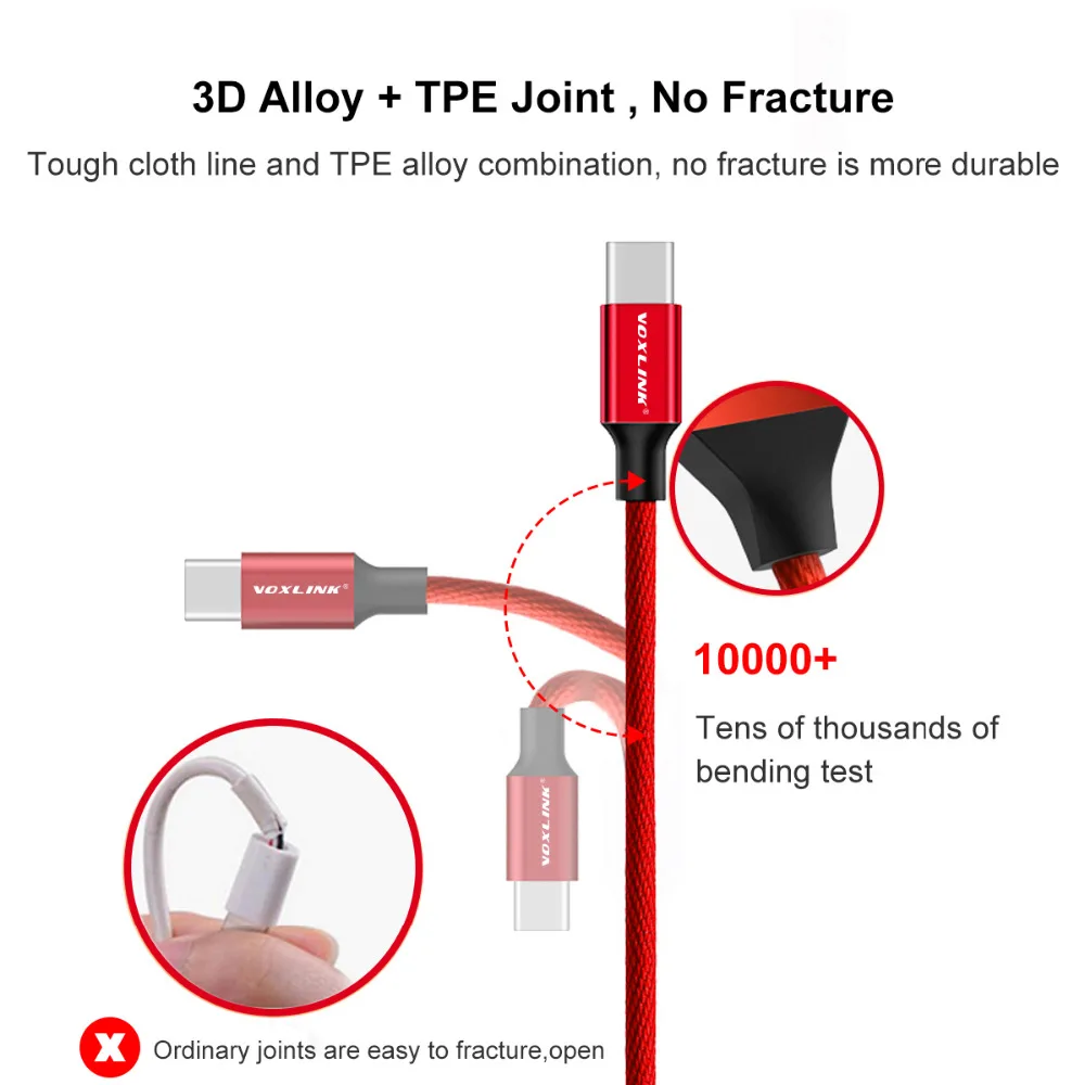 VOXLINK USB кабель с нейлоновой оплеткой type-C кабель для быстрой зарядки для samsung Galaxy Usb кабель для Macbook Xiaomi Mi 8 A1 шнур для зарядки