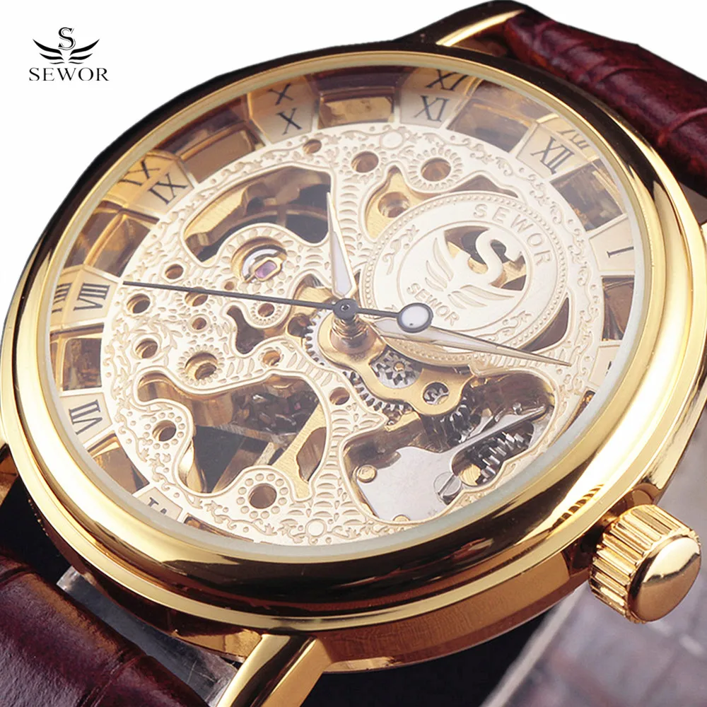 

Top Brand SEWOR Skeleton Hollow Dress Mechanical Hand Wind Men Clock Luxury Male Gift Business Leather Military Wrist Watches