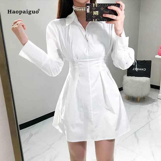 Solid Plus Size A line Dress 2018 Autumn Women White Full Sleeve Turn ...