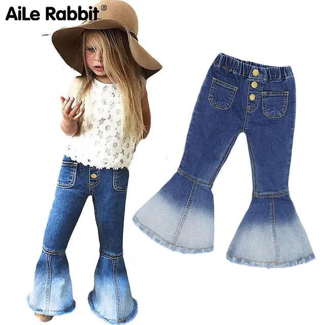 AiLe Rabbit  2018 Autumn INS Girls Jeans Popular Horns Denim Pants Fashion Wild Fall Essential Button Ghost Mermaid k1