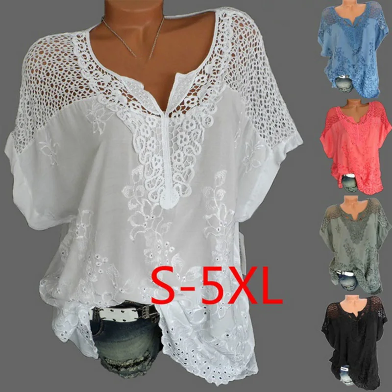 Puimentiua 5XL زائد حجم النساء الدانتيل القمصان مثير الجوف خارج الأعلى تيز فام عارضة Camisa Blusas قصيرة الأكمام دروبشيب 2019 Puimentiua 5XL زائد حجم النساء الدانتيل القمصان مثير الجوف خارج الأعلى تيز فام عارضة Camisa Blusas قصيرة الأكمام دروبشيب 2019