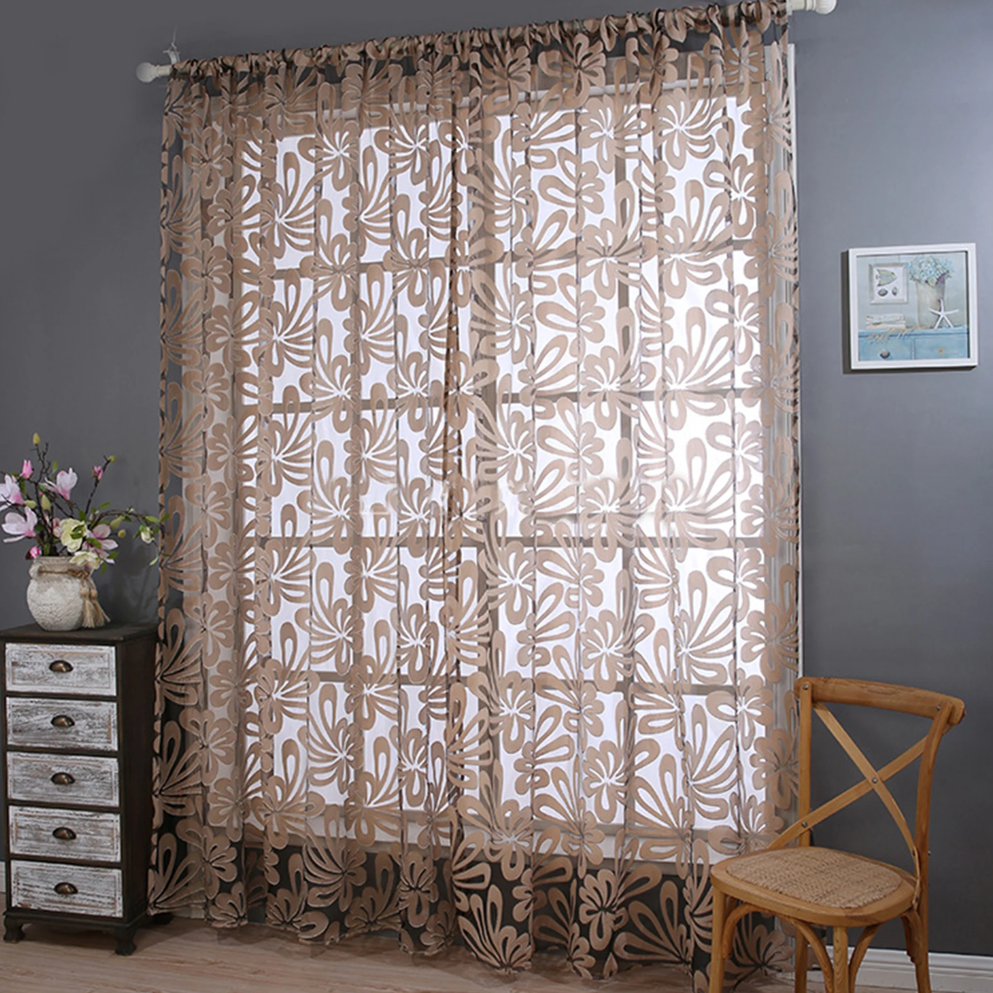 

Window Curtain Cut Flowers Polyester Voile Fabric Curtain Pleated Woven Home Decor For Living Room Sheer Screening Custome Made