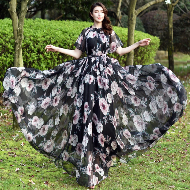 

Bohemia Colorful Floral Printed Chiffon Long Maxi Dress Free and loose Beach Wedding Long Flowy Dress with Sleeves