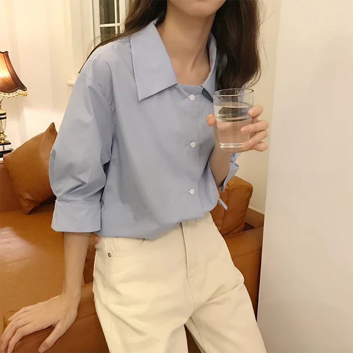 

Women Tops and Blouses Half Sleeve Turn Down Collar Button Solid Color Korean Fashion Casual Loose Blusas 2019 Summer Robe Femme