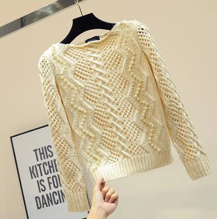 Femmes Pull Manches Tricot Apricot Filles Creux Automne Perle Longues Dames Manteau Chandails Vestes 2019 Perlée Out Printemps Mode Chandail De OEFFq