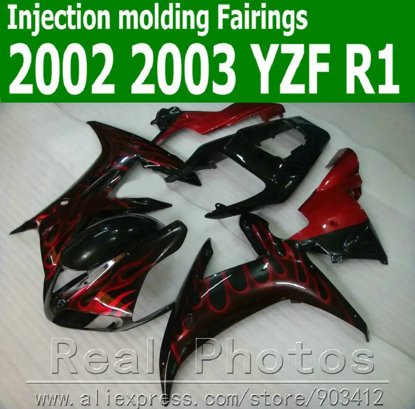

Injection molding full fairing kit for YAMAHA R1 2002 2003 red flames in black YZF R1 02 03 high grade fairings set JK55