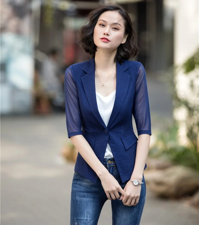 Spring Summer Fashion Blue Blazers Women Half Sleeve Jackets Ladies