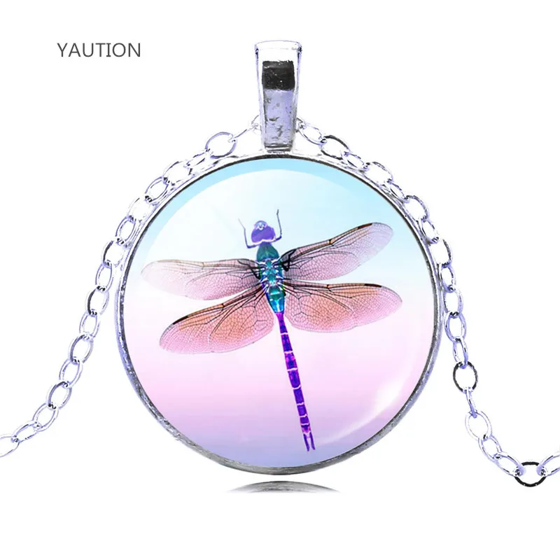 

YAUTION Pretty Cute Dragonfly Crystal Cabochon Pendant Fashion Silver Color Chain Collar Necklace for Women Elegant Jewelry