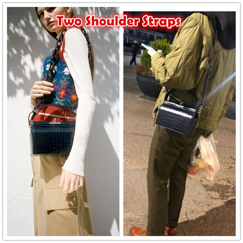 Burminsa Acrylic Strap Genuine Leather Bags Women Crocodile Shoulder Bags Unique Design Small Rectangle Box Female Handbags 2019