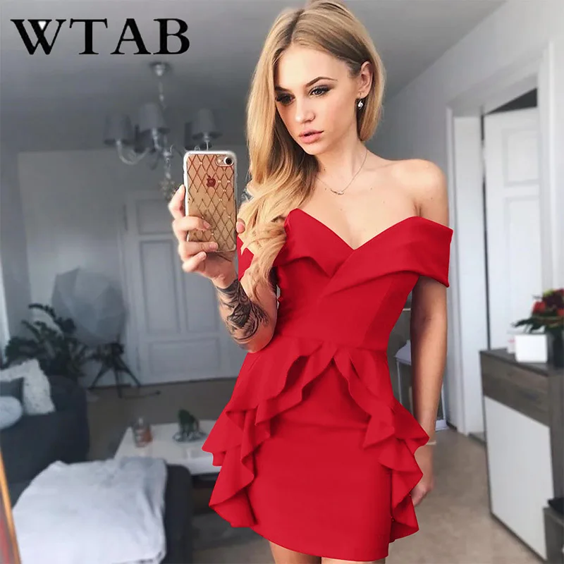 

WTAB vestidos ruffles summer dress 2019 sexy plus size bodycon women dress off shoulder femme bandage mini party dresses casual