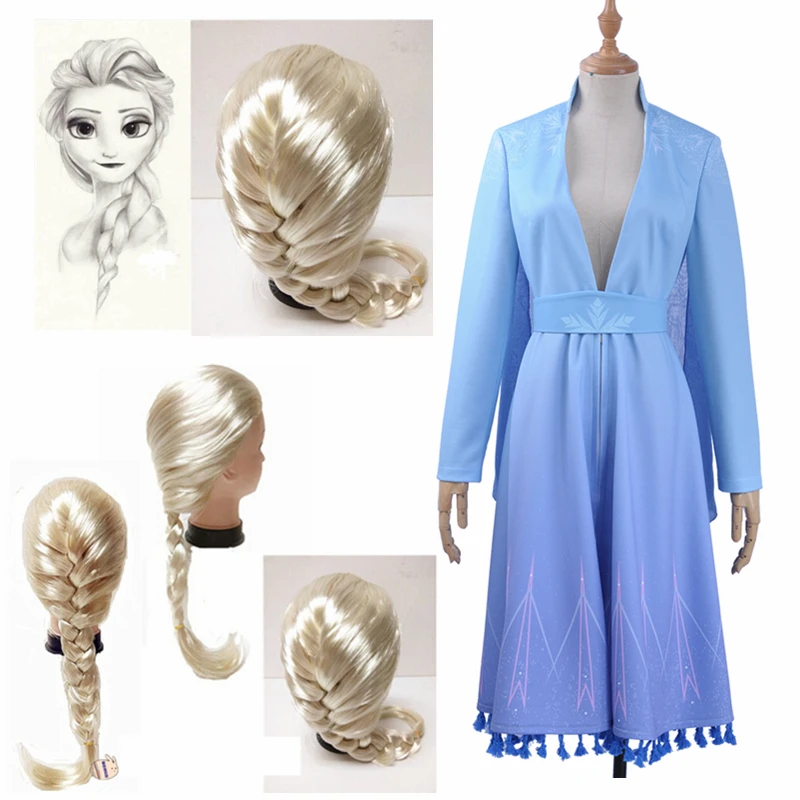 

Film Season 2 Elsa Cosplay Costume Custom Sexy Deep V Neck Light Blue Long Sleeve Summer Dress Slivery Ponytail Wig